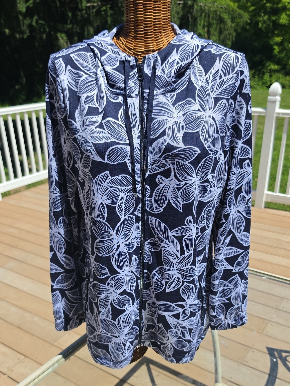 Talbots Navy and White Floral Zip Hoodie Jacket